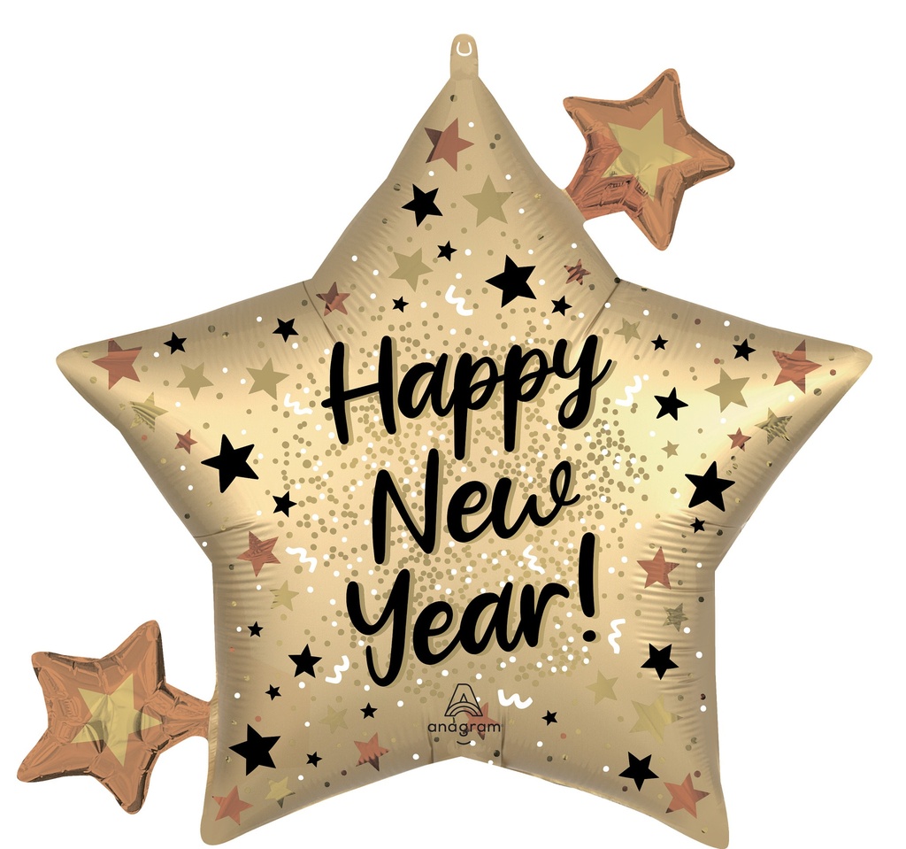 Happy New Year SuperShape Satin Sparkle Star Foil Balloon 73cm x 68cm