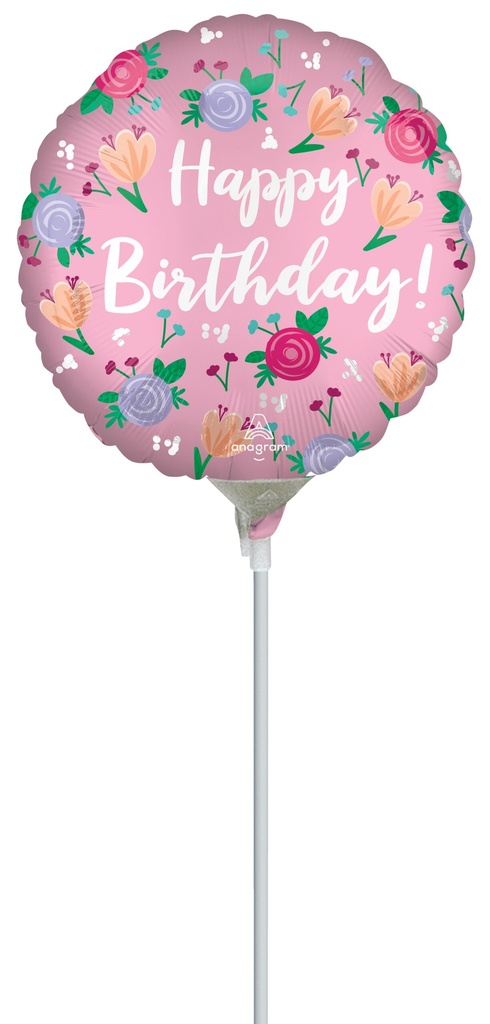 [4591709] Mini Air-Filled Happy Birthday Peony 23cm Foil Balloon + Stick