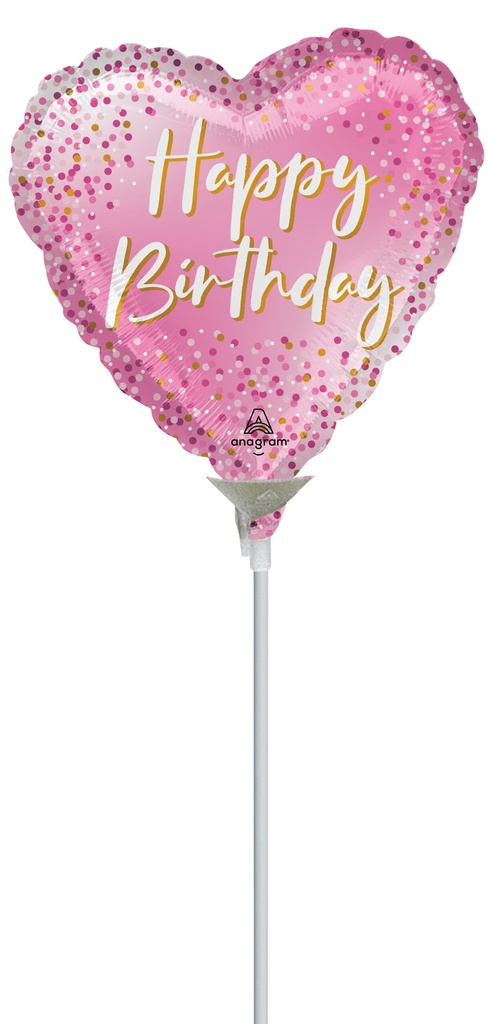 [4591209] Mini Air-Filled Heart Happy Birthday Sparkle 23cm Foil Balloon + Stick
