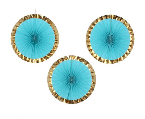 [QT-RDBL] Blue & Gold Hanging Decoration Paper Fan 40cm - 3pk