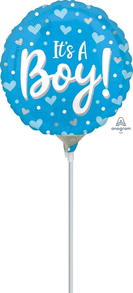 [4142909] Mini Air-Filled It's A Boy Hearts & Dots 23cm Foil Balloon + Stick