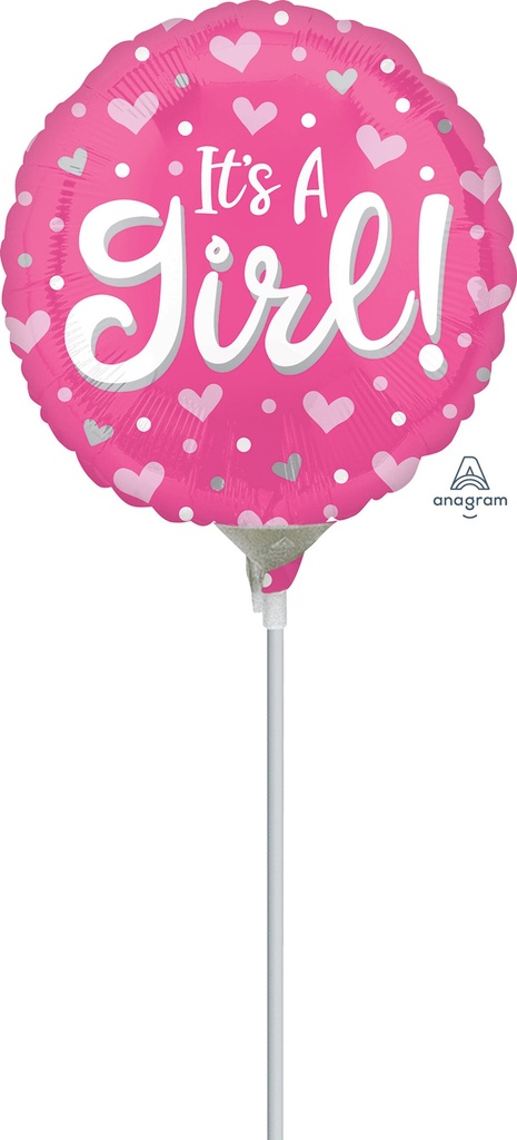 [4142809] Mini Air-Filled It's A Girl Hearts & Dots 23cm Foil Balloon + Stick