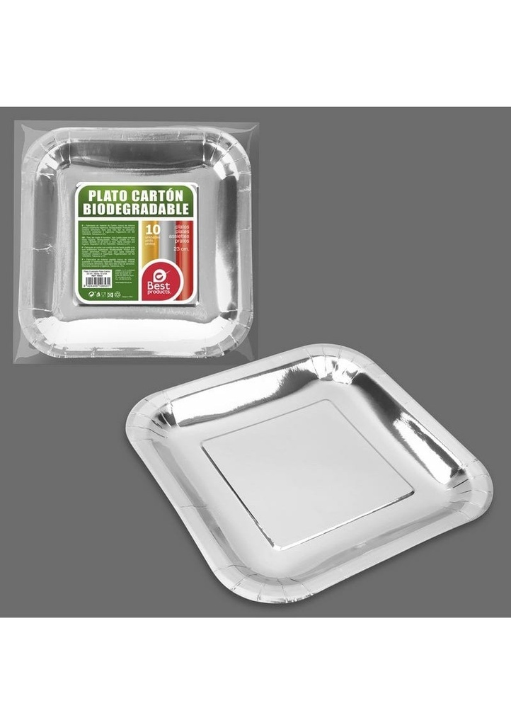Metallic Silver Square Paper Plate 23cm - 10pk
