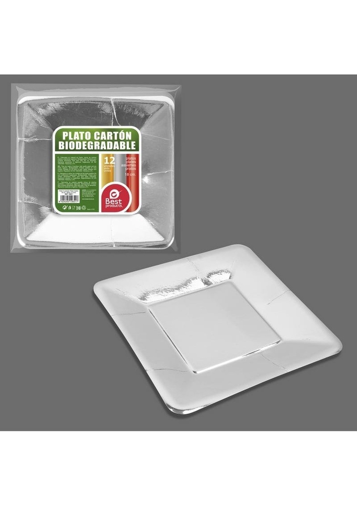 Metallic Silver Square Paper Plate 18cm - 12pk