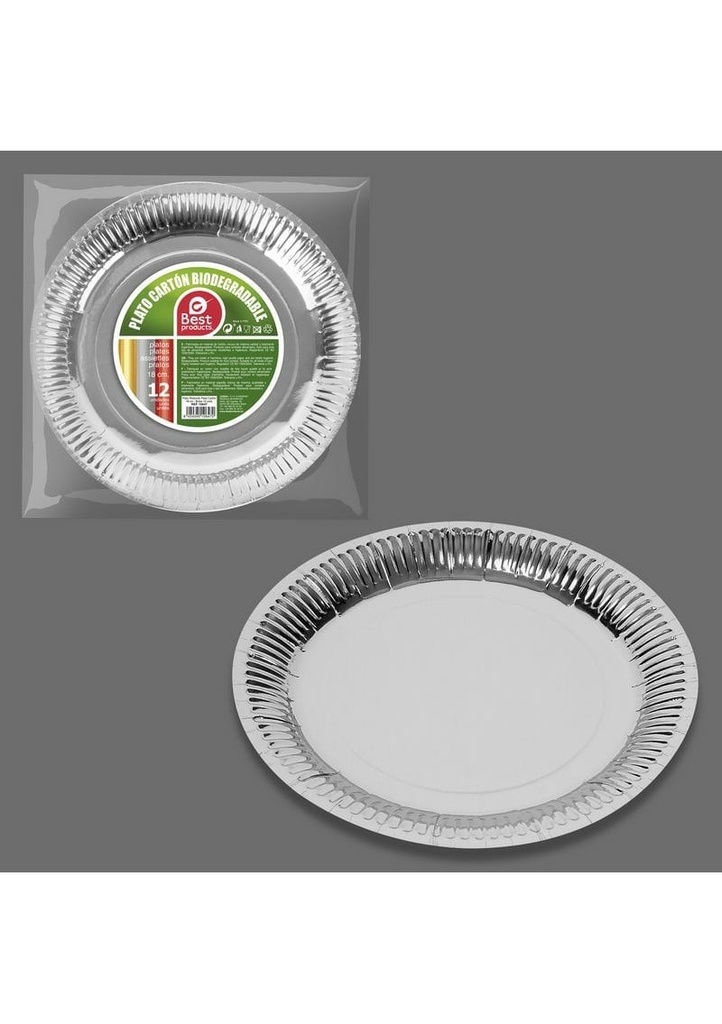Metallic Silver Round Paper Plates 18cm - 12pk