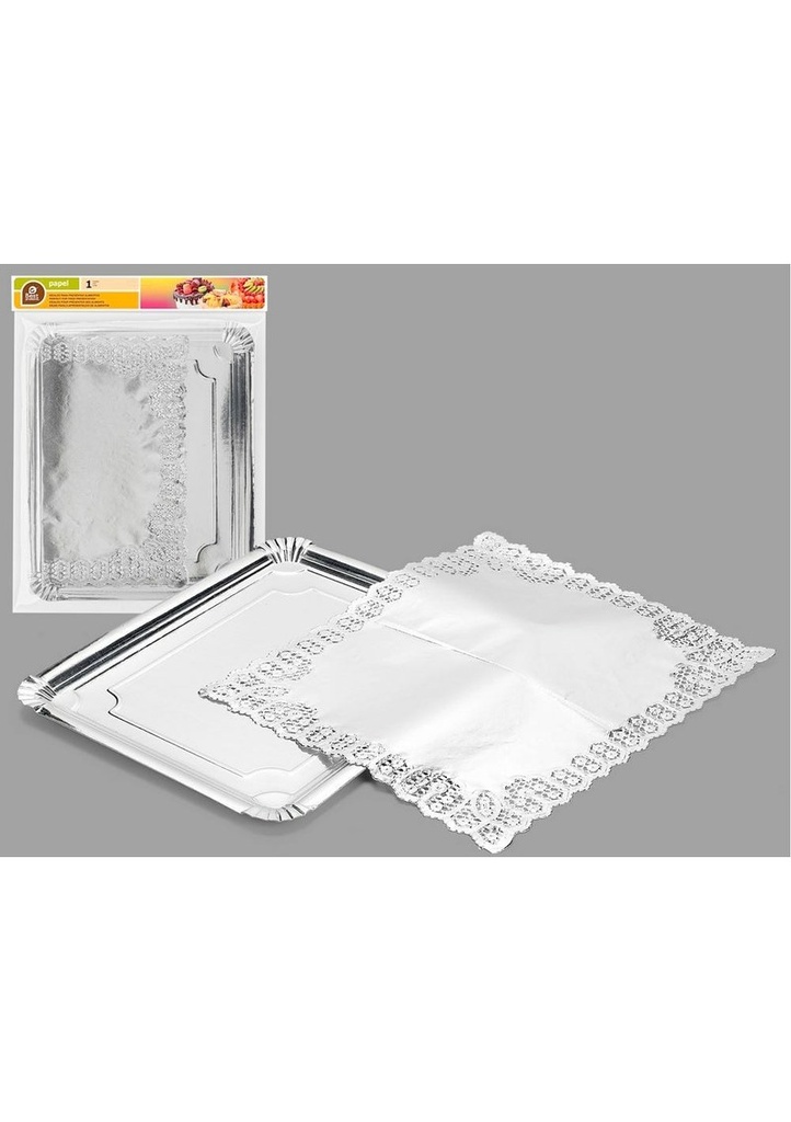 S/1 RECTANGULAR TRAY WITH SILVER DOILY 31 X 38 CM