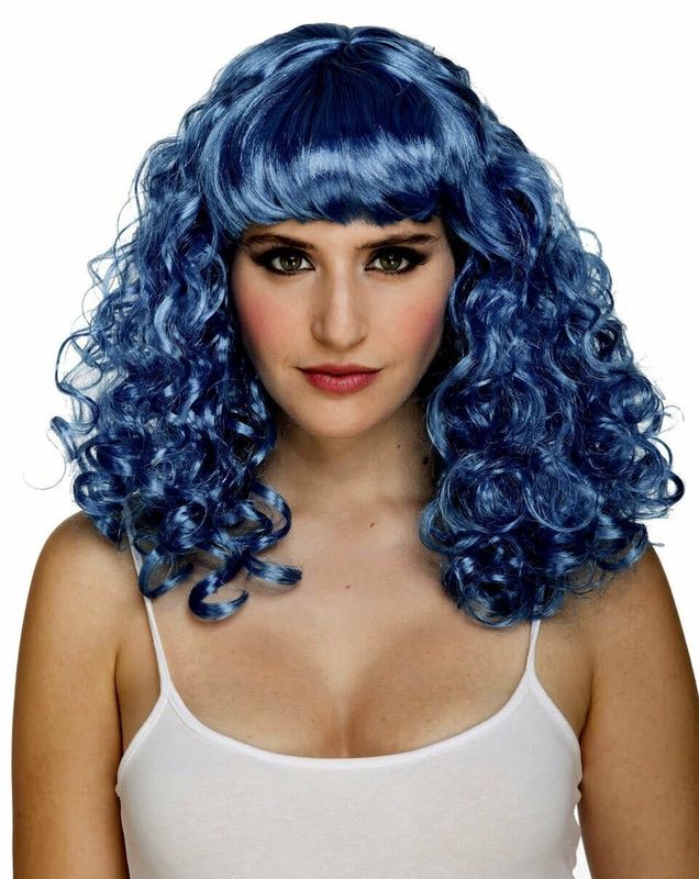 Blue Curly Wig with Fringe - Adult One Size