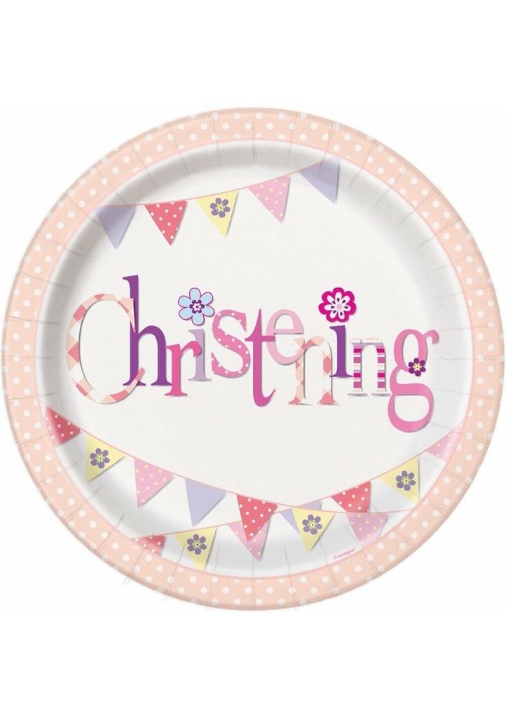 Pink Bunting Christening Round 9 Inch Dinner Plates - 8pk
