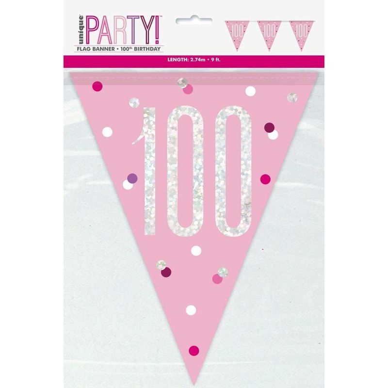 [83459-1] Birthday Pink Glitz Number 100 Flag Banner - 9 ft