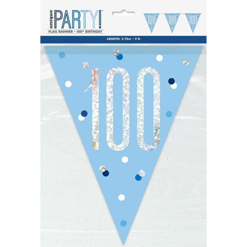 Birthday Blue Glitz Number 100 Flag Banner - 9 ft