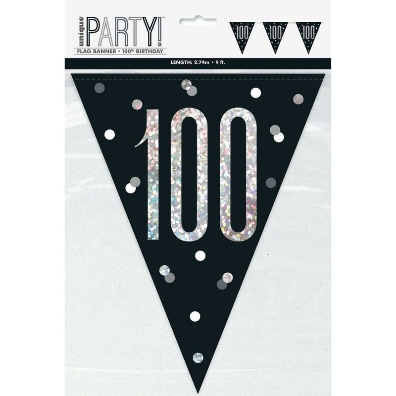 [83433_1] Birthday Black Glitz Number 100 Flag Banner - 9 ft