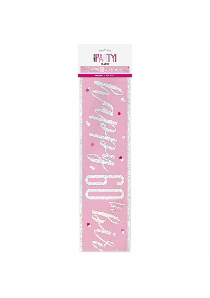 Glitz Pink & Silver Foil Banner Happy 60th Birthday - 9 Feet