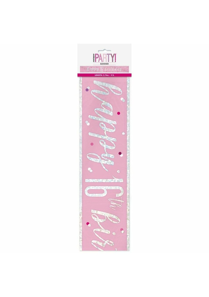 Glitz Pink & Silver Foil Banner Happy 16th Birthday - 9 Feet