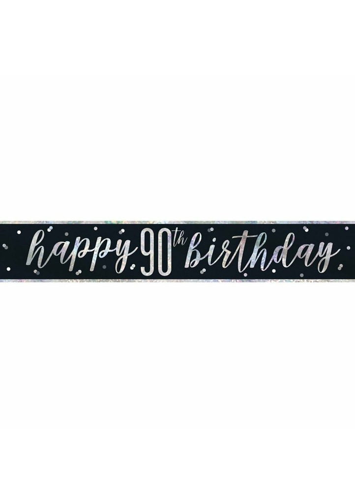 Glitz Black & Silver Foil Banner Happy 90th Birthday - 9 Feet