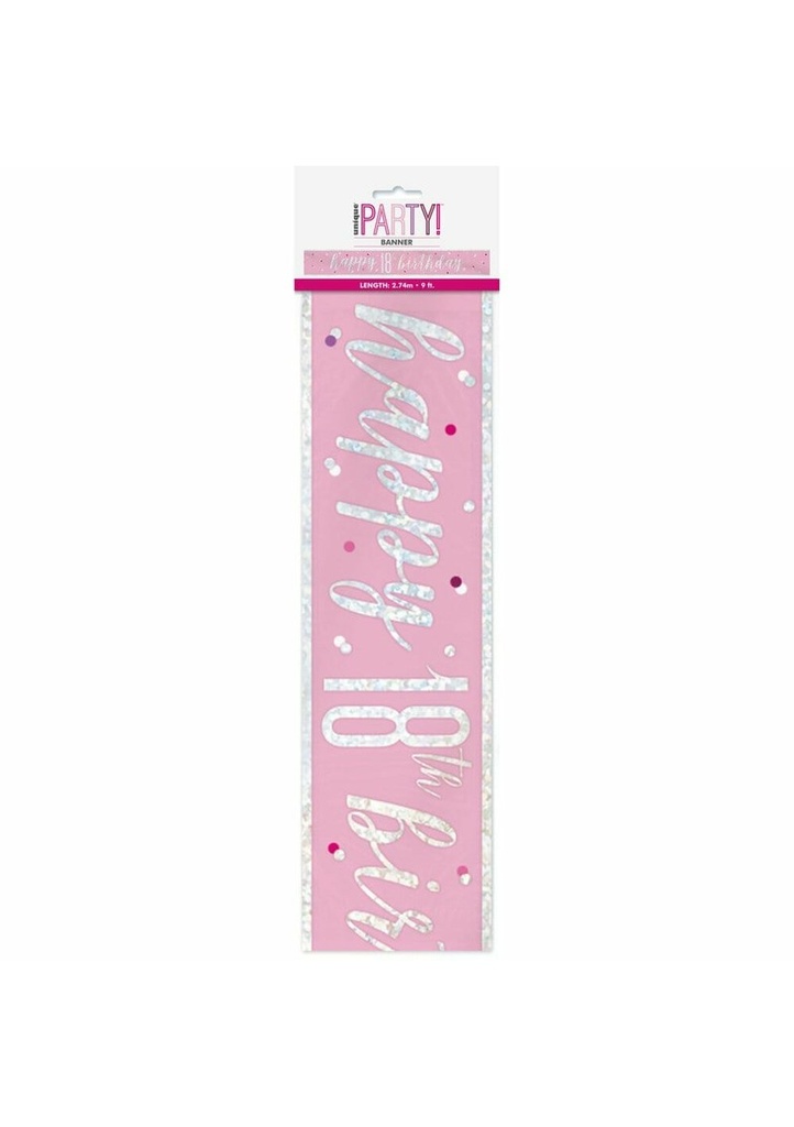 Glitz Pink & Silver Foil Banner Happy 18th Birthday - 9 Feet