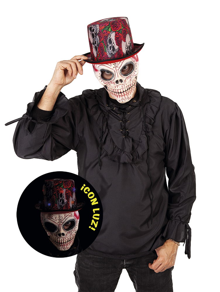 Halloween Top Hat Roses & Skull With Light - Adult One Size