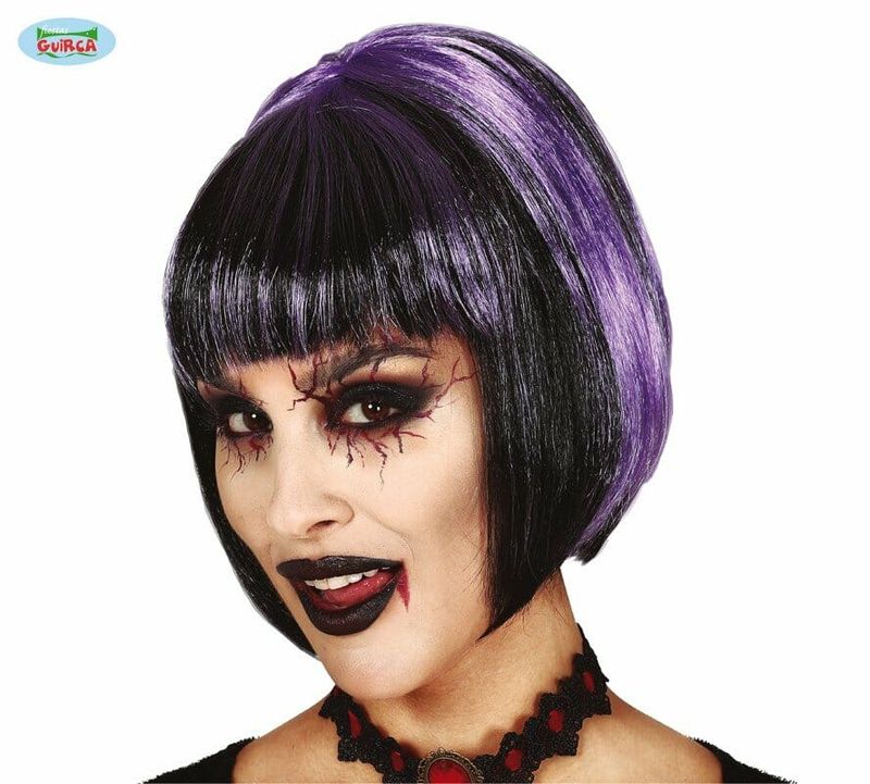 [4290] Black & Purple Half Lenght Wig With White Streaks - Adult One Size