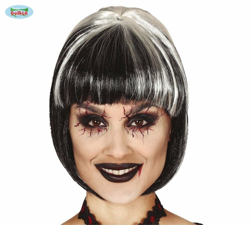 [4291] Black & Grey Half Lenght Wig With White Streaks - Adult One Size