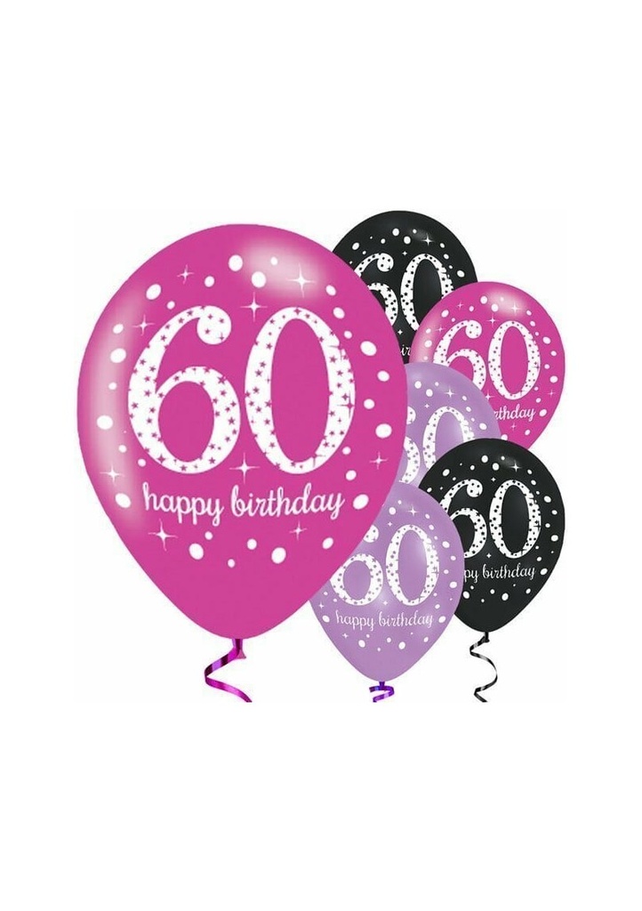 Sparkling Pink Purple& Black Happy 60th Birthday 11" Latex Balloons - 6pk