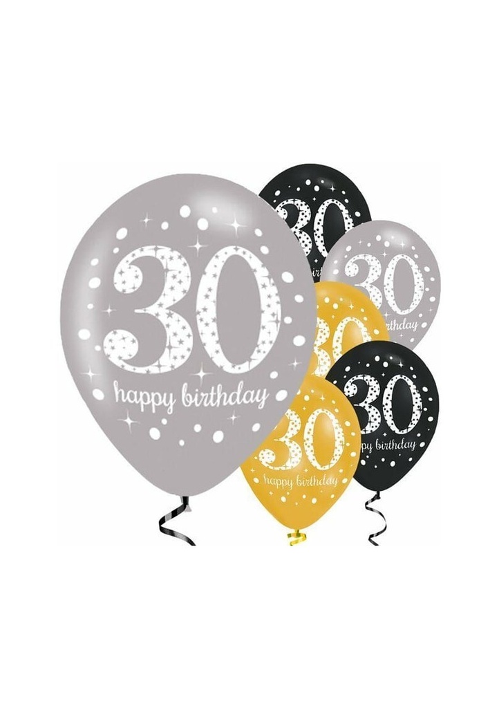 Sparkling Gold Silver& Black Happy 30th Birthday 11" Latex Balloons - 6pk