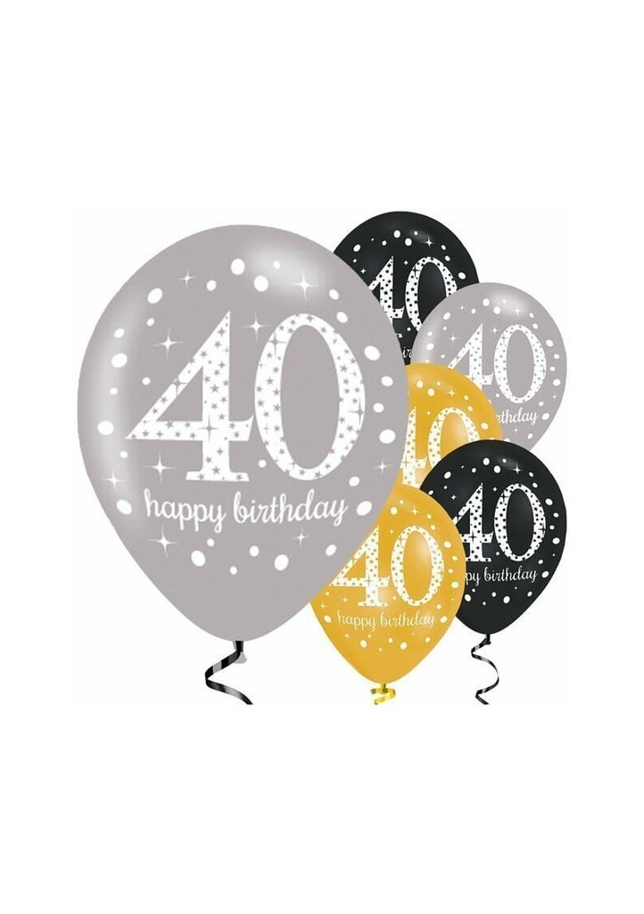 Sparkling Gold Silver& Black Happy 40th Birthday 11" Latex Balloons - 6pk