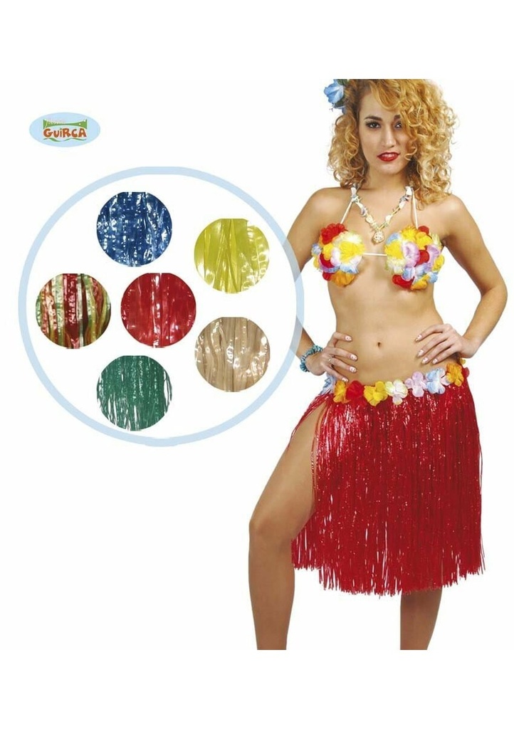 Hawaiian Blue Hula Skirt With Flowers 55cm Long - Adult One Size