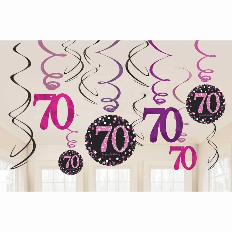 [9901747] 70th Pink Sparkling Celebration Hanging Swirl Decorations - 12pk