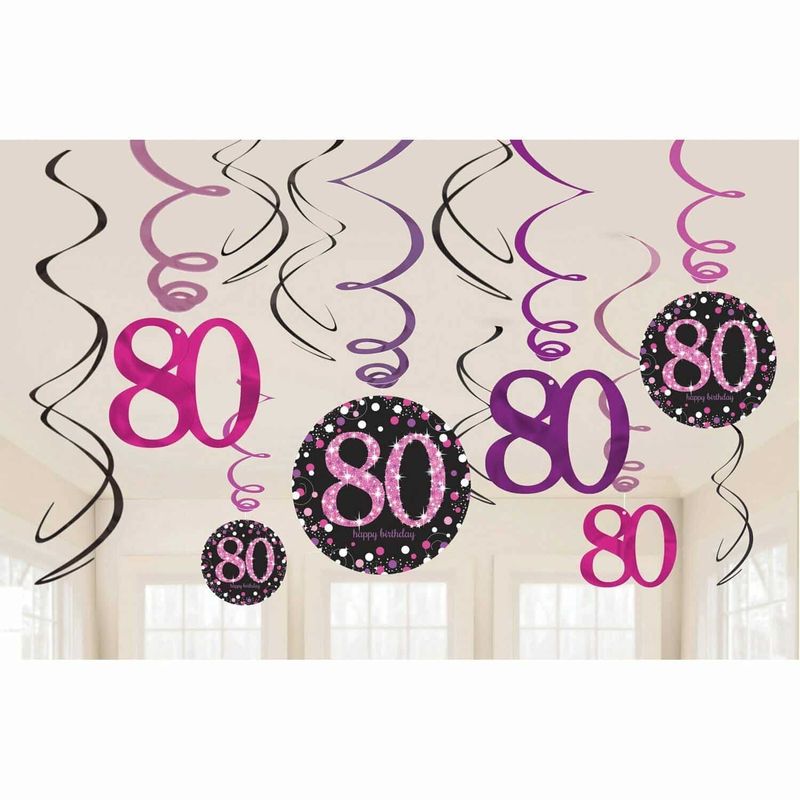 80th Pink Sparkling Celebration Hanging Swirl Decorations - 12pk