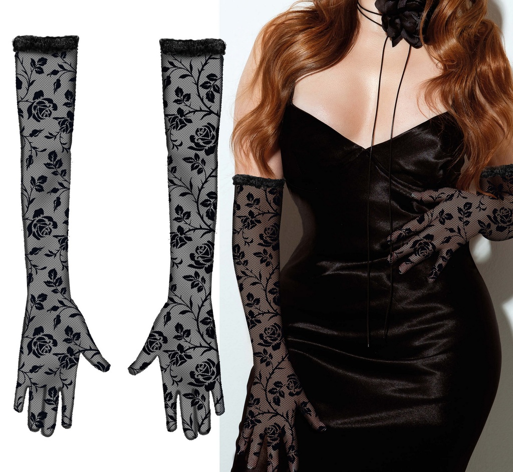 Lace Fabric Gloves Flowers Black 38cm