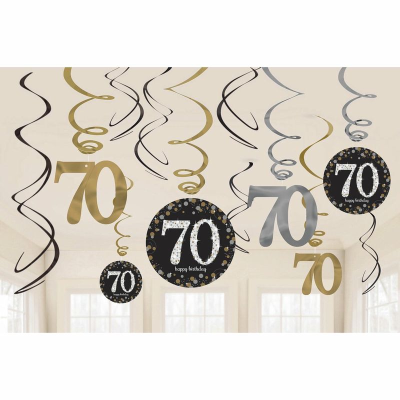 [671964] 70th Gold Sparkling Celebration Hanging Swirl Decorations - 12pk
