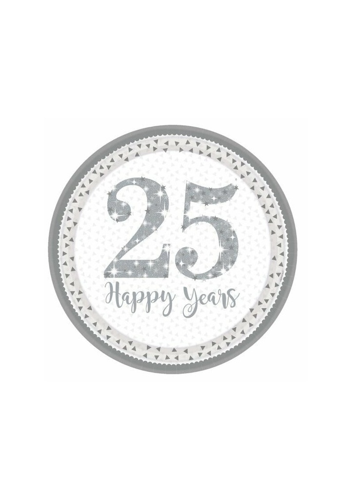 Silver 25th Anniversary Paper Plates 22.9cm - 8pk