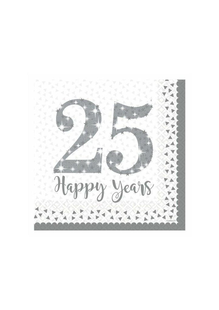 Silver 25th Anniversary Napkins 2 Ply 32.7cm x 32.7cm - 16pk