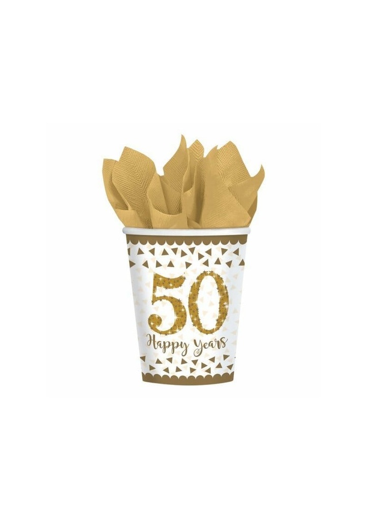 Gold 50th Anniversary Paper Cups 266ml -  8pk