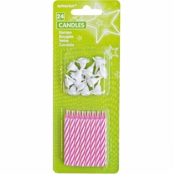 Candles Pink Stripes with 12 Holders - 24pk