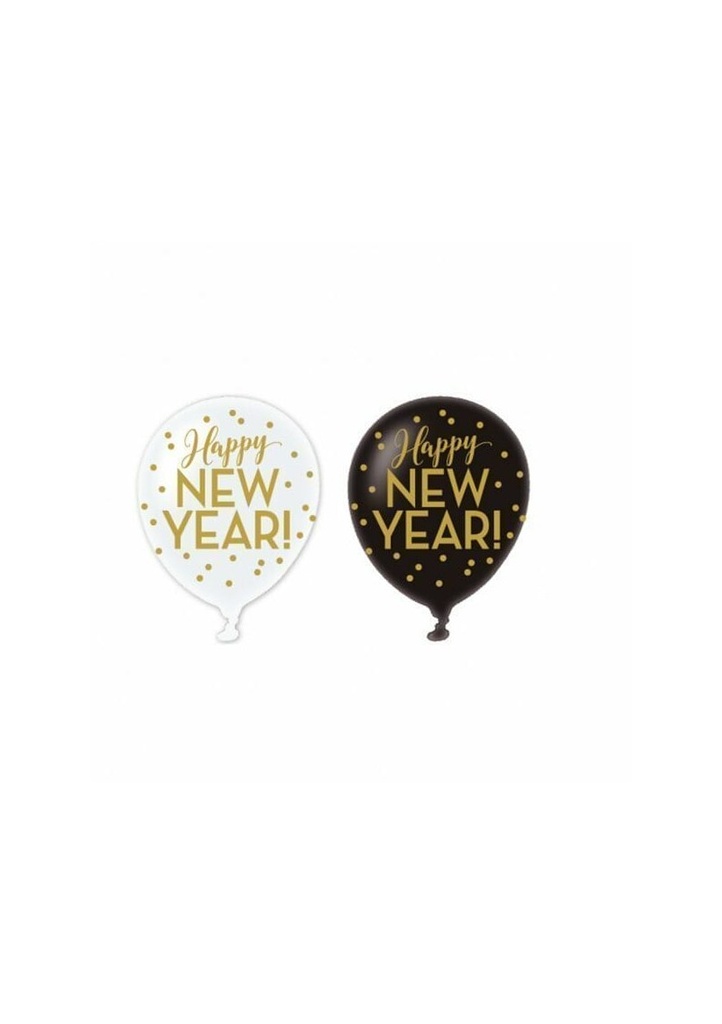 Happy New Year Assorted Gold/White/Black Latex Balloons 6pk