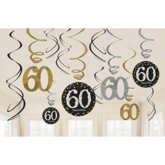 [670480] 60th Gold/Silver Sparkling Celebration Hanging Swirl Decorations - 12pk