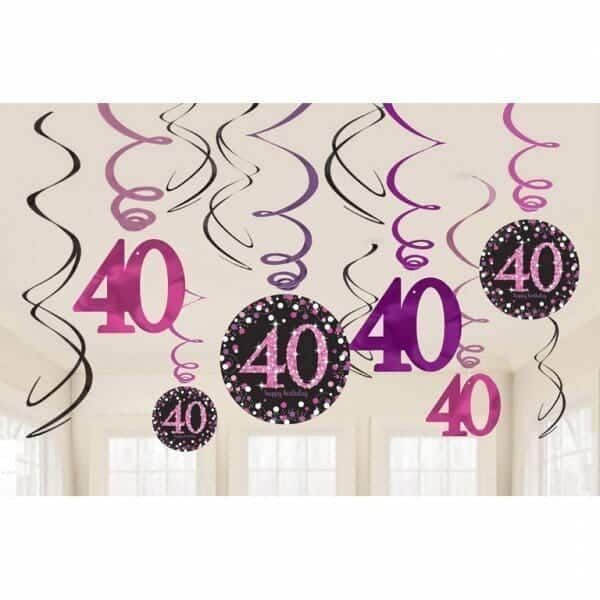 [9900605] 40th Pink Sparkling Celebration Hanging Swirl Decorations - 12pk