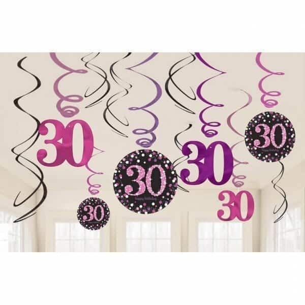 [9900597] 30th Pink Sparkling Celebration Hanging Swirl Decorations - 12pk
