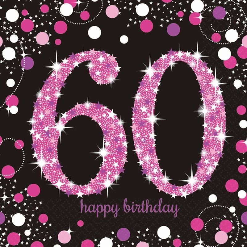 [9900619] 60th Pink Sparkling Celebration Napkins 33cm x 33cm - 16pk
