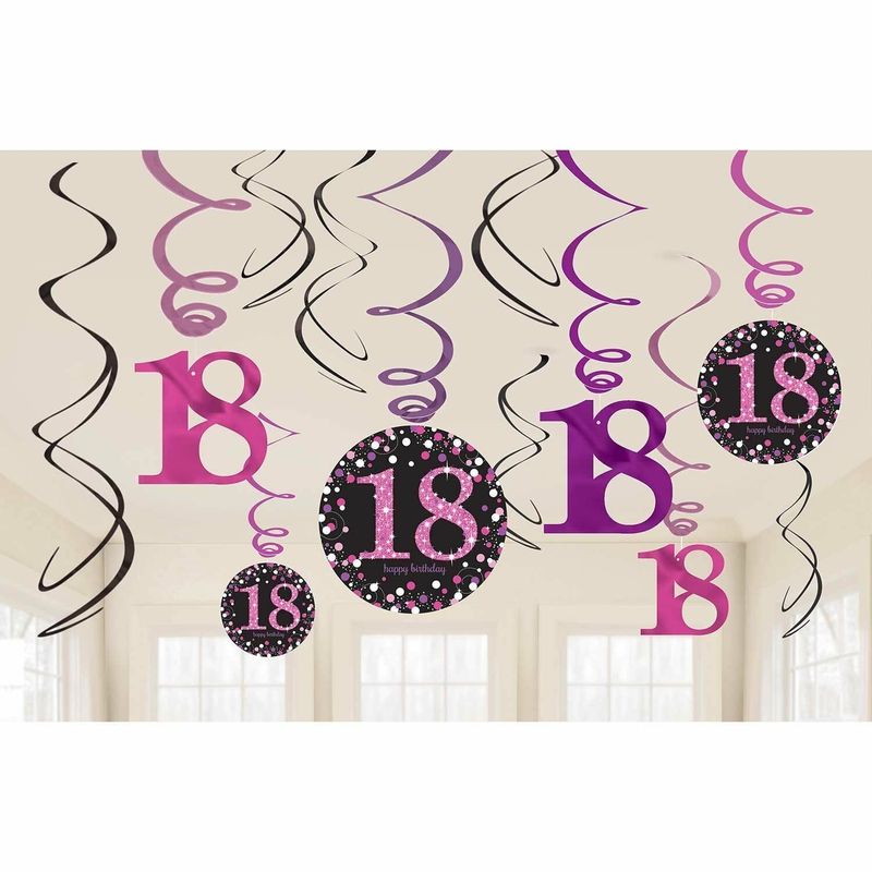 [9900581] 18th Pink Sparkling Celebration Hanging Swirl Decorations - 12pk