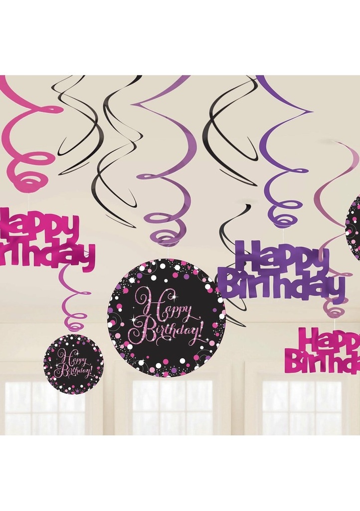 [9901183] Happy Birthday Pink Sparkling Celebration Hanging Swirl Decorations - 12pk