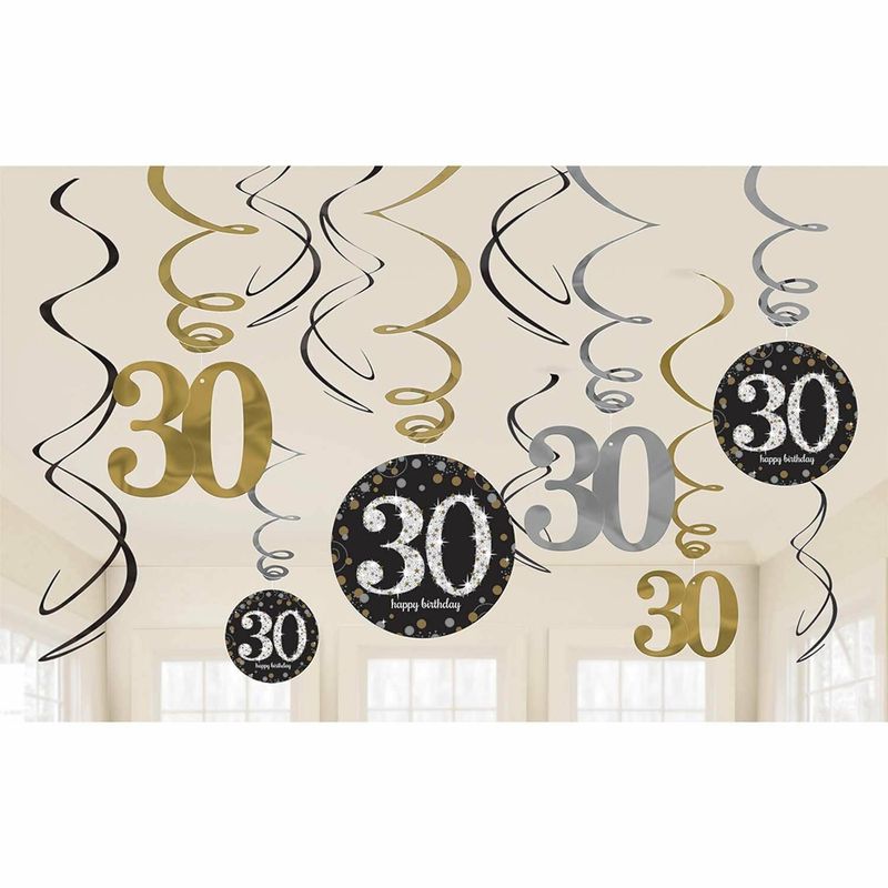 [670478] 30th Gold Sparkling Celebration Celebration Hanging Swirl Decorations - 12pk