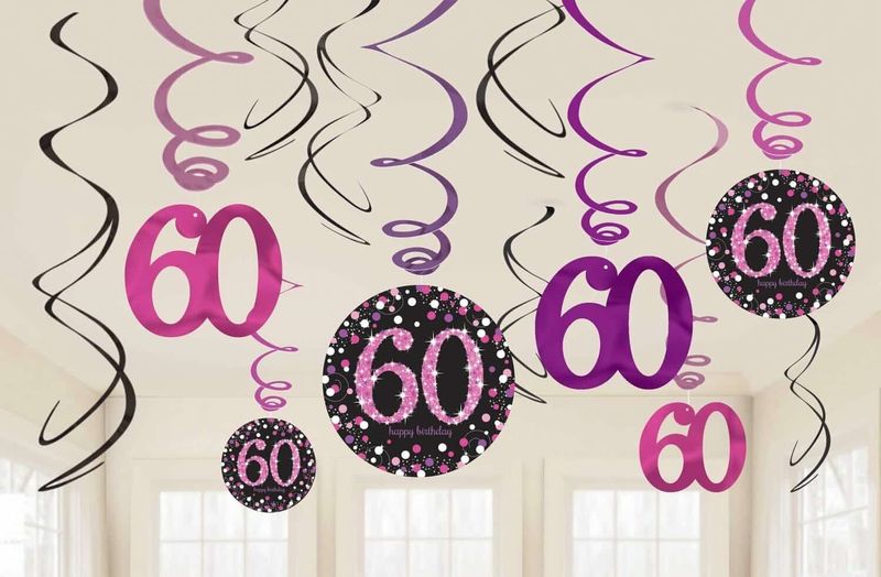 [9900621] 60th Pink Sparkling Celebration Hanging Swirl Decorations - 12pk