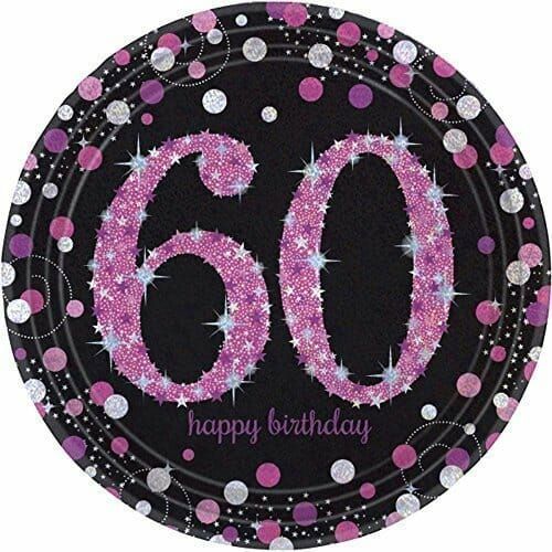 [9900620] 60th Pink Sparkling Celebration Paper Plates 22.9cm – 8pk