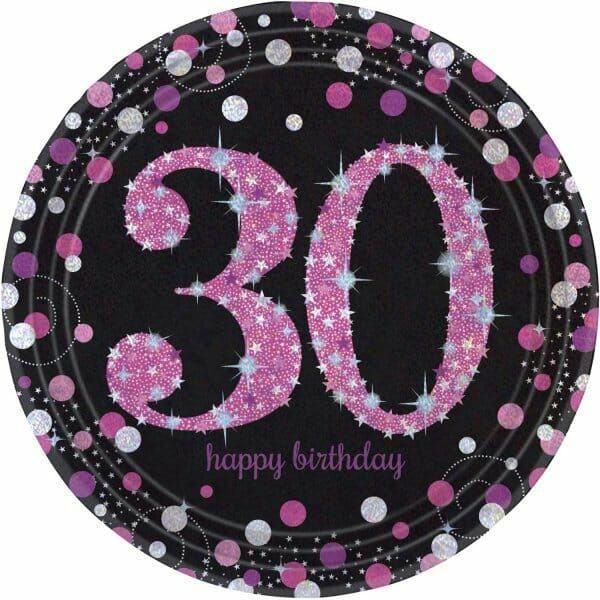 [9900596] 30th Pink Sparkling Celebration Paper Plates 22.9cm – 8pk