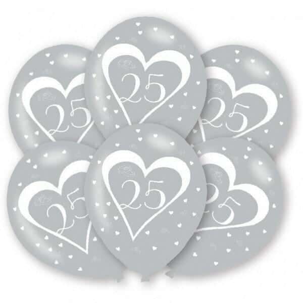 25th Anniversary Silver Latex Printed Balloons 11" - 6pk