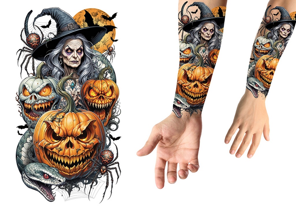[19565] Halloween Pumpkins And Witches Tattoos 14x30cm