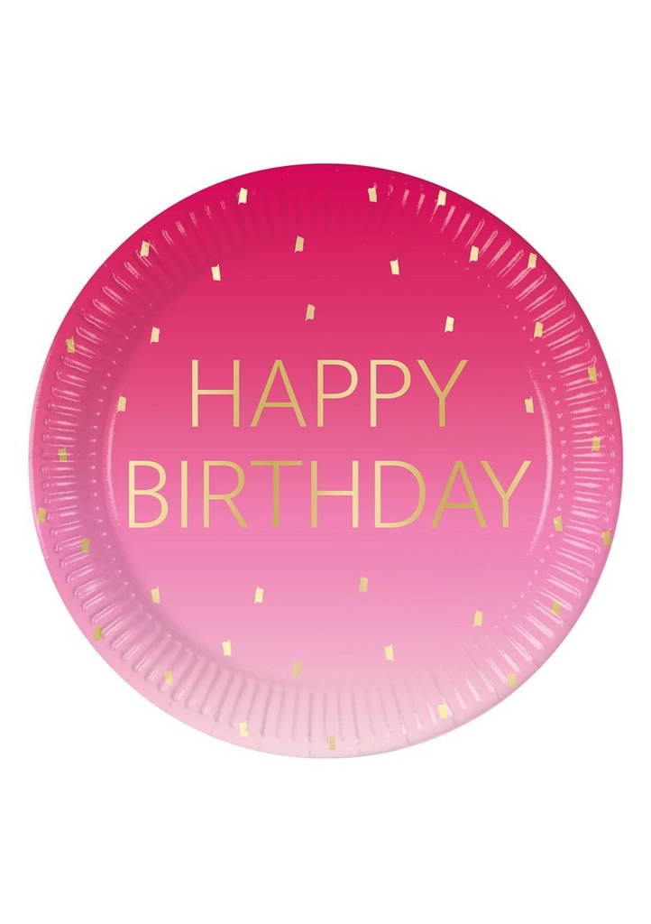 Golden Happy Birthday Pink FSC Paper Plates Large 23cm - 8pk