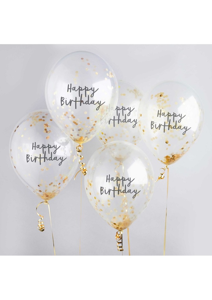 Gold Happy Birthday Confetti 12 Inch Latex Balloons 5pk