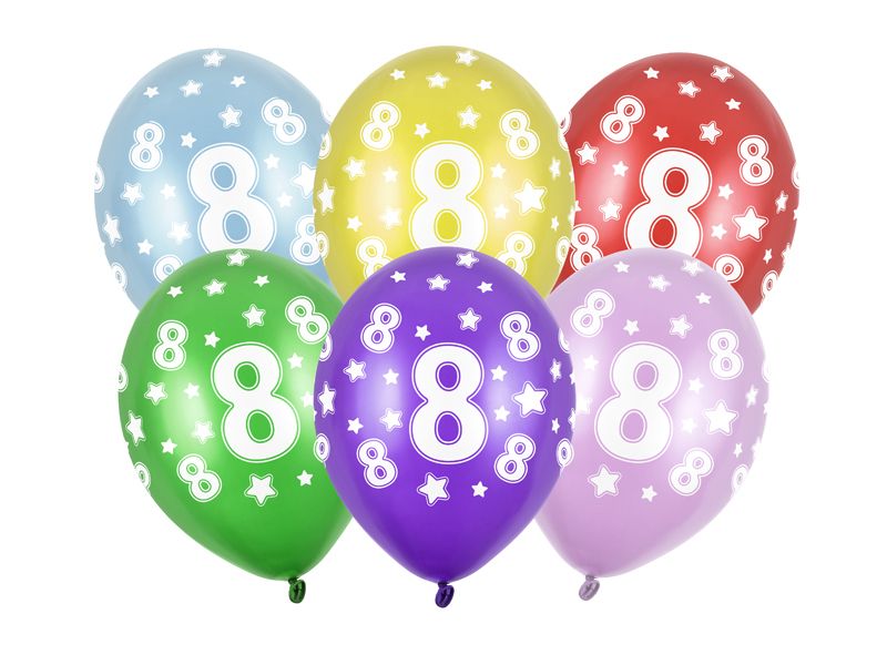 [SB14M-008-000-6] Balloons 30cm, 8th Birthday, Metallic Mix (1pkt / 6pc)